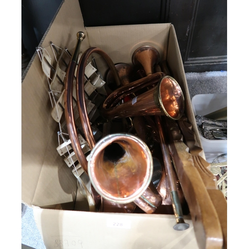 228 - Brass and copper hunting horns and bugles, brass trivets, kettle, coopered plant stand etc