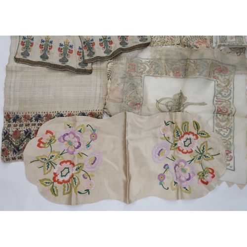 234 - Finely stitched table runners, other needlework, a silk kimono, paisley shawls, table linen etc