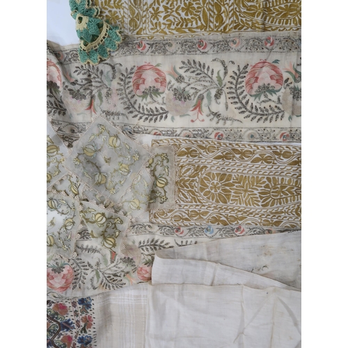 234 - Finely stitched table runners, other needlework, a silk kimono, paisley shawls, table linen etc