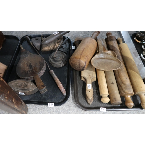 235 - Assorted flat irons, clocks, wooden rolling pins, goffering iron etc