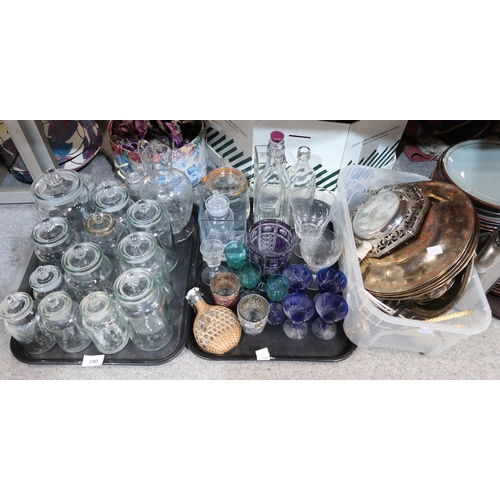 240 - Assorted glass storage jars, EPNS plates, dishes, cutlery and coloured drinking glasses