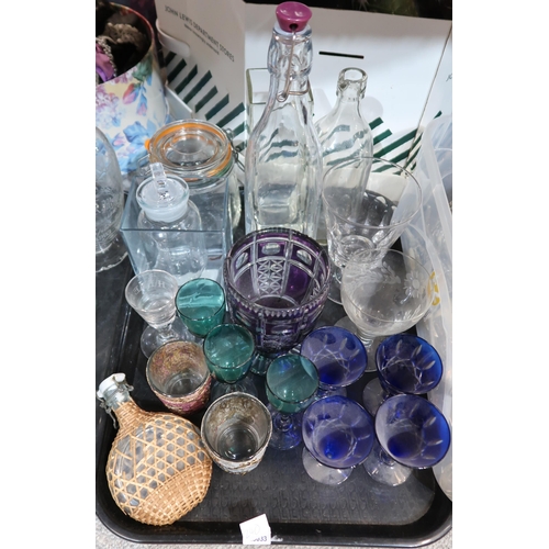 240 - Assorted glass storage jars, EPNS plates, dishes, cutlery and coloured drinking glasses