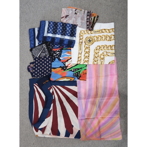 286 - Assorted designer style silk and other scarves including Versace, Chanel, Hermes, Louis Vuitton and ... 