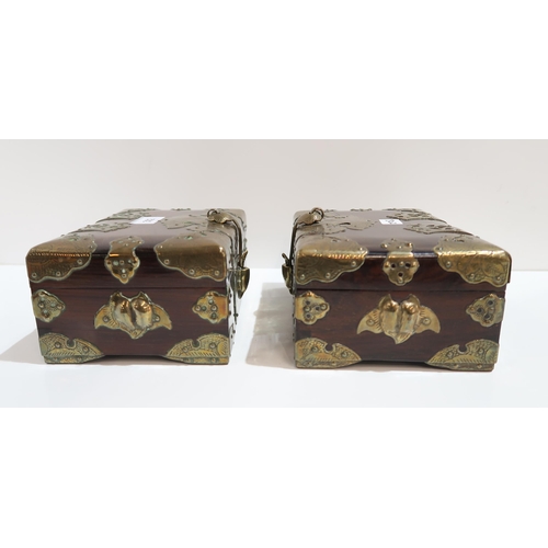 302 - A pair of Eastern brass bound wooden jewellery boxes each with a turtle catch