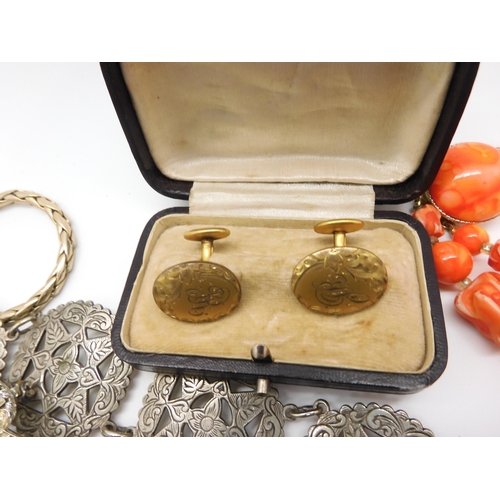 963 - A large gem set brooch by Sphinx, boxed gold plated vintage cufflinks, a necklace by Napier, an EPNS... 