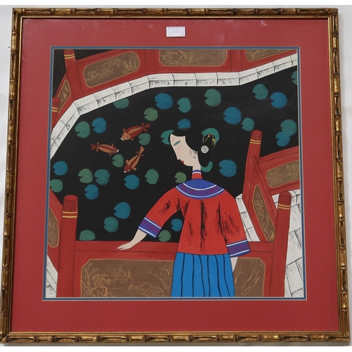 1002 - TAIWANESE SCHOOL Woman and cat and woman with fish, signed, gouache, 54 x 50cm and another (3)... 