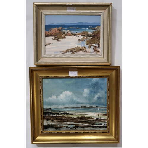 1005 - S.M.ROBERTSON Beach scene, signed, oil on board, 18 x 25cm, J.D.JOHNSTON Towards Arran and anot... 