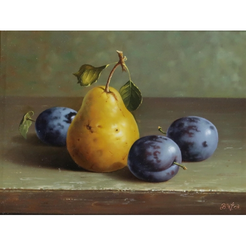 1092 - BLAIZE WANYI STILL LIFE WITH PEARS AND PLUMEOil on board, signed lower right, dated (20)07, 18 ... 