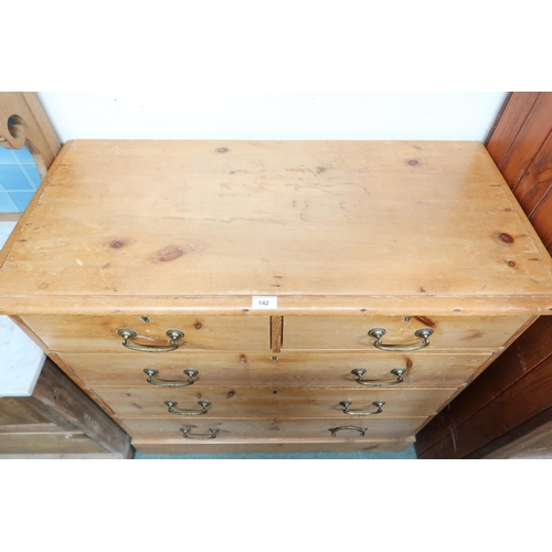 142 - A late Victorian pine two over three chest of drawers on plinth base, 97cm high x 97cm wide x 47cm d... 