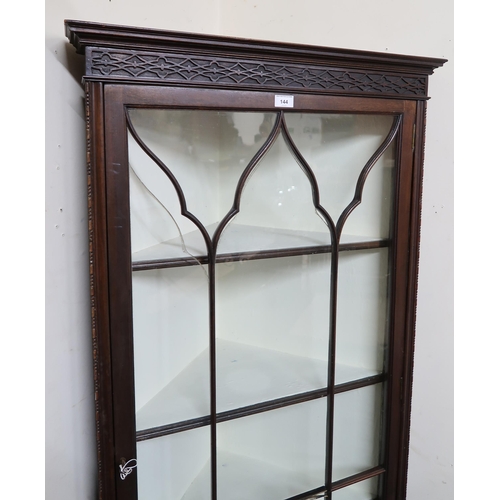 144 - A late Victorian mahogany glazed corner cabinet (def), 171cm high x 74cm wide