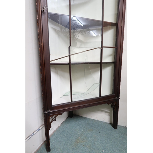 144 - A late Victorian mahogany glazed corner cabinet (def), 171cm high x 74cm wide