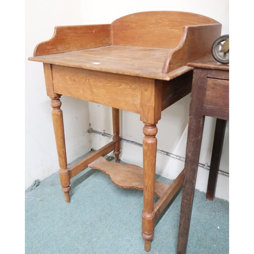 147 - A Victorian oak two drawer occasional table, pine washstand and a two tier drop side trolley (3)