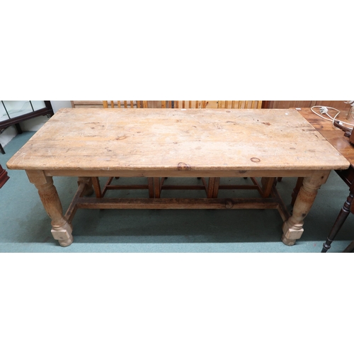 150 - A late Victorian pine farm house style refectory kitchen table with three plank top on stretchered t... 