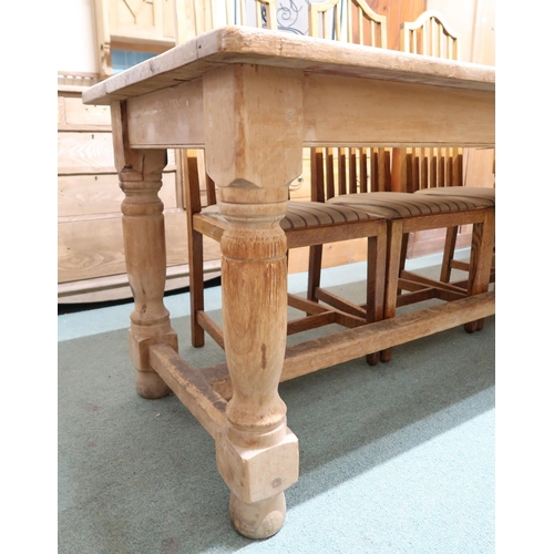 150 - A late Victorian pine farm house style refectory kitchen table with three plank top on stretchered t... 