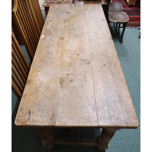 150 - A late Victorian pine farm house style refectory kitchen table with three plank top on stretchered t... 