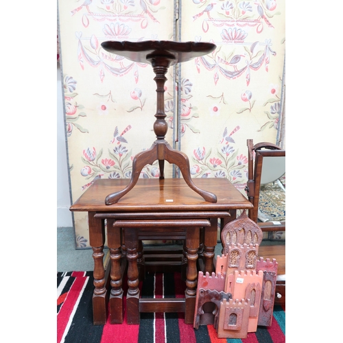 162 - A Victorian mahogany framed three drawer toilet mirror, mahogany wine table, oak nest of three table... 