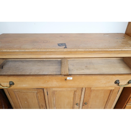 167 - A Victorian pine chest with one long over three short drawers over three cabinet doors, 137cm high x... 