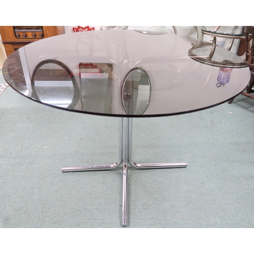 177 - A mid 20th century circular smoke glass table on chrome base, 75cm high x 107cm diameter