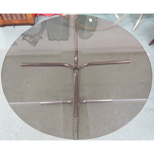 177 - A mid 20th century circular smoke glass table on chrome base, 75cm high x 107cm diameter