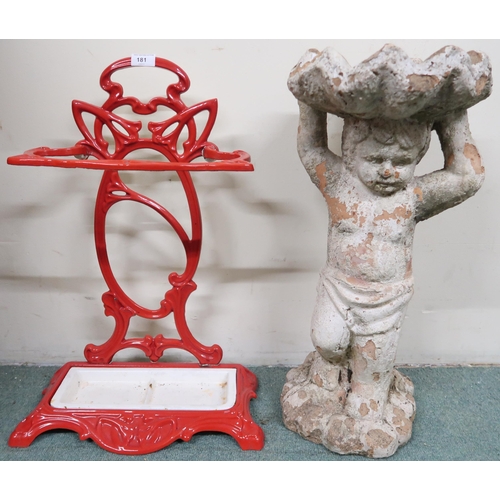 181 - A 20th century red painted cast free standing umbrella/stick stand and a stone ware garden birdbath ... 