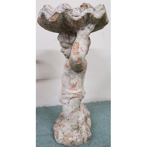 181 - A 20th century red painted cast free standing umbrella/stick stand and a stone ware garden birdbath ... 