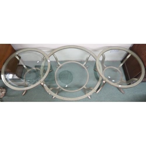 182 - A pair of contemporary circular glass topped lamp table tables, 61cm high x 74cm diameter and an acc... 