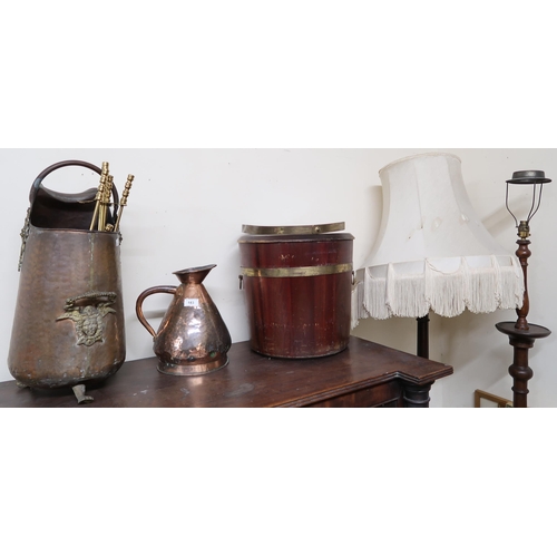 183 - A lot of two 20th century mahogany standard lamps, brass banded coal bucket, copper and brass coal h... 