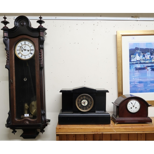 187 - A 20th century mahogany cased Vienna style wall clock, A faux black slate mantle clock and another m... 