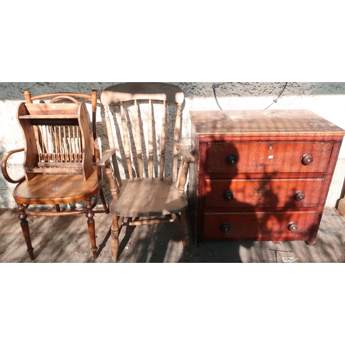 194 - A Victorian beech open armchair, bentwood armchair, chest of three drawers and a pine plate rack (4)... 