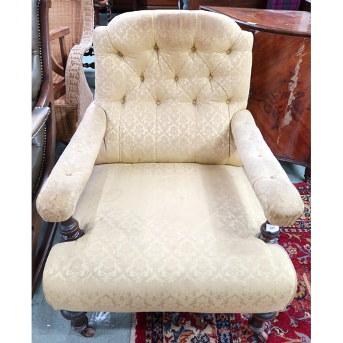 203 - A Victorian Howard & Sons style buttonback open armchair upholstered in yellow damask fabric, 81... 