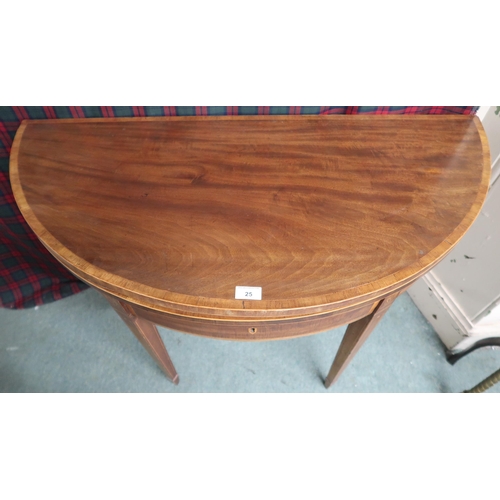 25 - An Edwardian mahogany and satinwood inlaid demi lune fold over tea table on square tapering supports... 