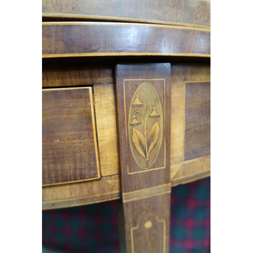 25 - An Edwardian mahogany and satinwood inlaid demi lune fold over tea table on square tapering supports... 