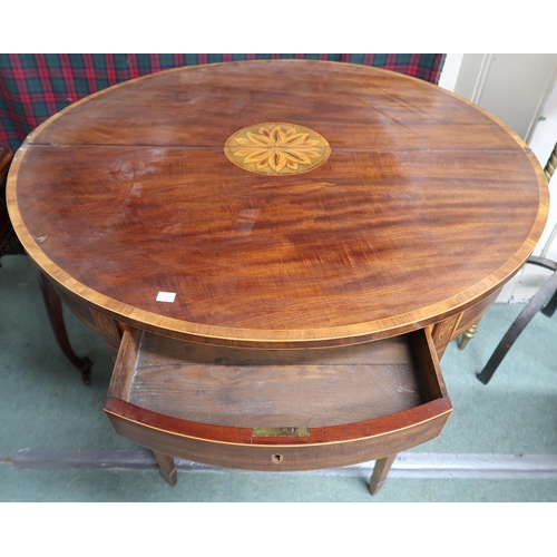 25 - An Edwardian mahogany and satinwood inlaid demi lune fold over tea table on square tapering supports... 