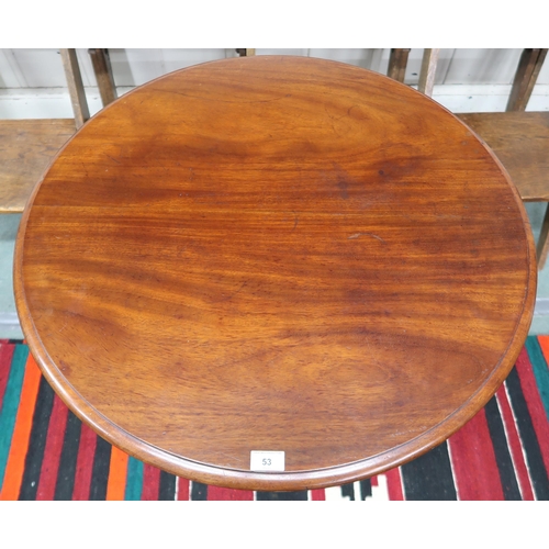 53 - A Victorian mahogany circular topped tilt top table on turned tripod base, 77cm high x 78cm diameter