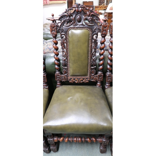 55 - A set of eight Victorian barley twist dining chairs with green leather upholstery to include two car... 