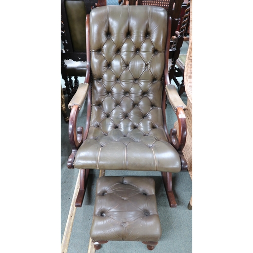 61 - A 20th century green leather button back upholstered rocking library chair and footstool