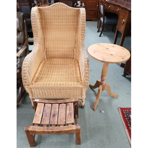 62 - A 20th century wicker open armchair, pine circular topped occasional table and a pine stool (3)