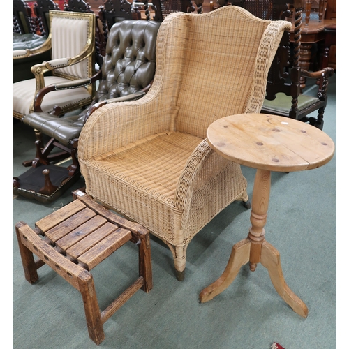 62 - A 20th century wicker open armchair, pine circular topped occasional table and a pine stool (3)