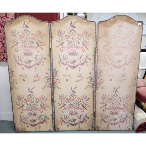 80 - A Victorian three fold room divider upholstered with floral printed fabric, 155cm high x 55cm wide p... 