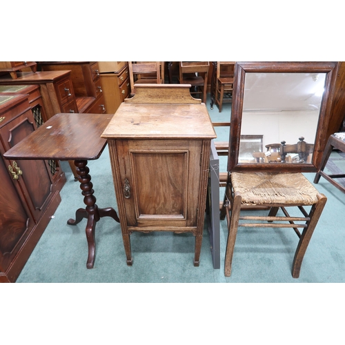 81 - A mixed lot to include mahogany bedside cabinet, rushed seat side chair, pine plate rack, bobbin tri... 