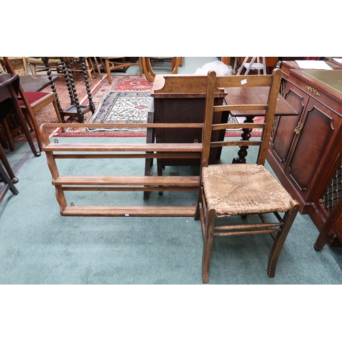 81 - A mixed lot to include mahogany bedside cabinet, rushed seat side chair, pine plate rack, bobbin tri... 