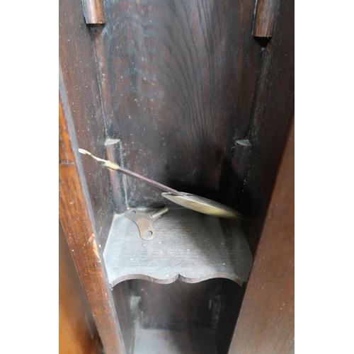 91 - A 20th century stained oak grandmother clock with brass face bearing Roman numerals, 169cm high x 35... 