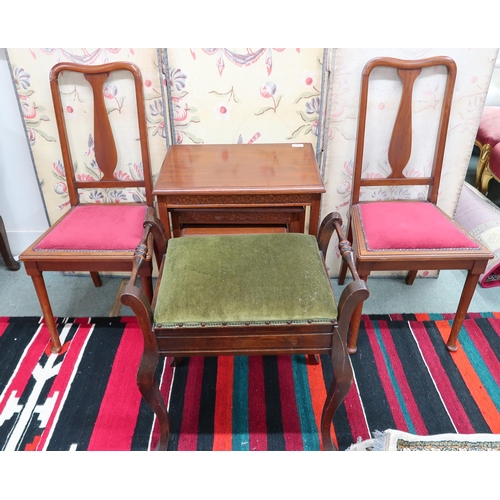 95 - A 20th century oriental style nest of four tables, a pair of bedroom chairs and an upholstered piano... 