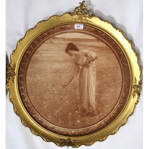 977 - CONTINENTAL SCHOOL Maiden with sea shell and picking flowers, print, roundel, 50cm diameter (2)... 