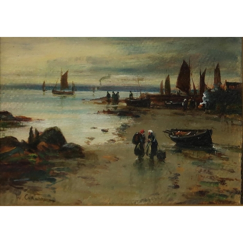 988 - WILLIAM CARLAW Fishing boats early morning, signed, oil on panel, 12 x 16cm