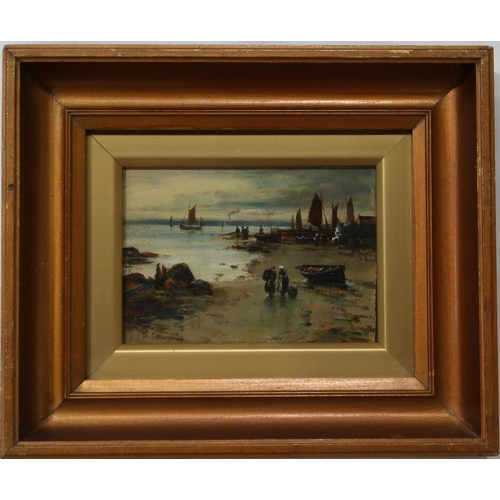 988 - WILLIAM CARLAW Fishing boats early morning, signed, oil on panel, 12 x 16cm