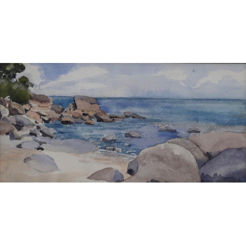 991 - MANNER OF MARY HOLDEN BIRD Rocky shoreline, bears initials 'MB', watercolour, 17 x 34cm... 