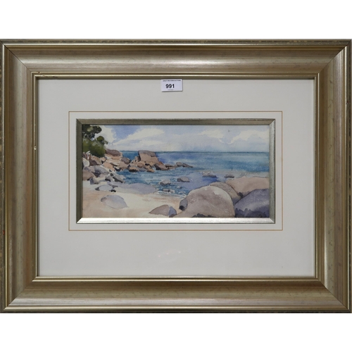 991 - MANNER OF MARY HOLDEN BIRD Rocky shoreline, bears initials 'MB', watercolour, 17 x 34cm... 