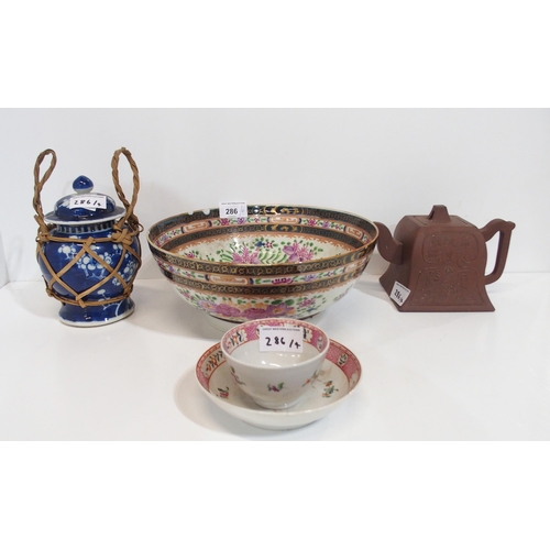 286 - A Chinese export bowl, a tea bowl and saucer, a prunus decorated jar and cover and a Chinese teapot