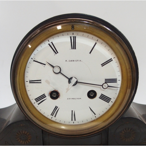 300 - A drum head slate mantle clock, retailed by Christie, Edinburgh